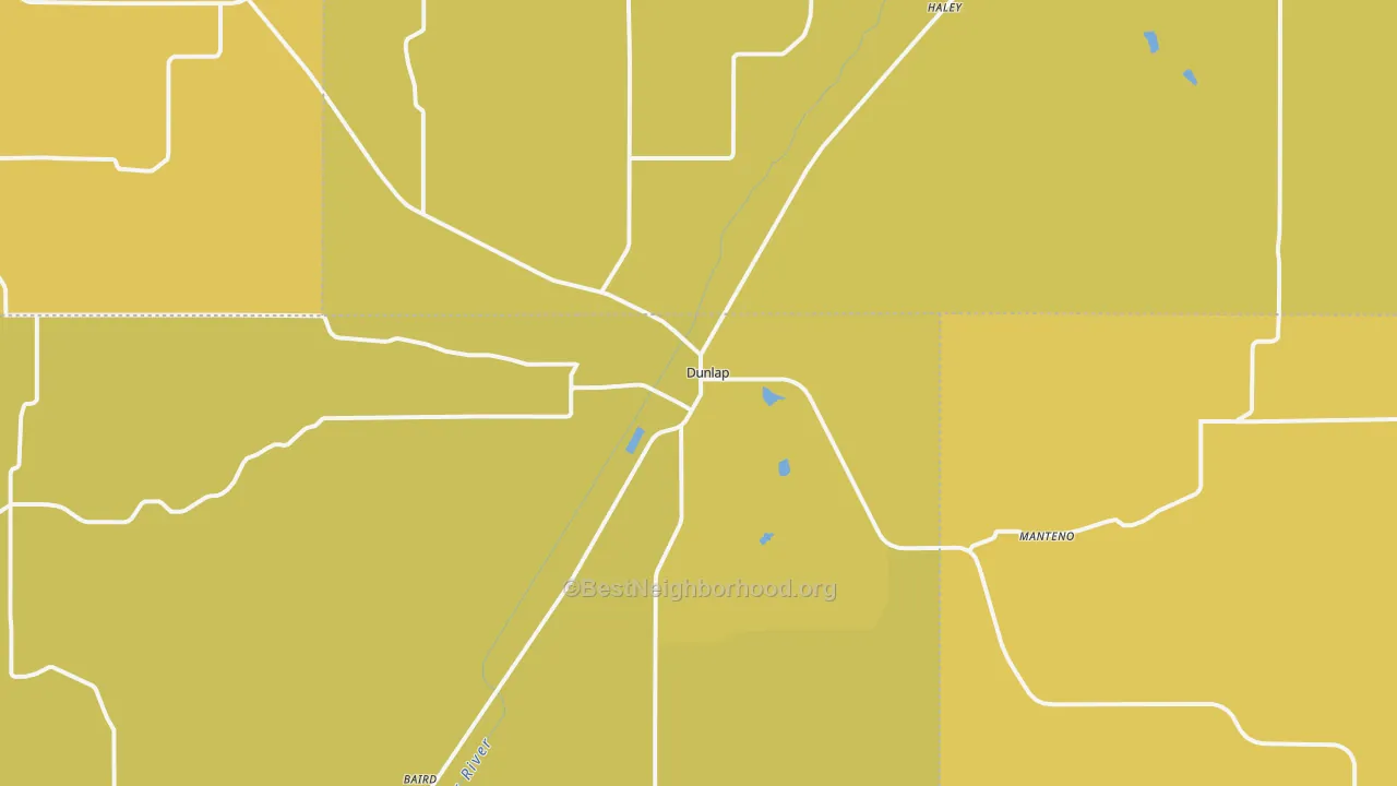 Map of the best neighborhoods in the 51529 area, with better matches in green and worse matches in red