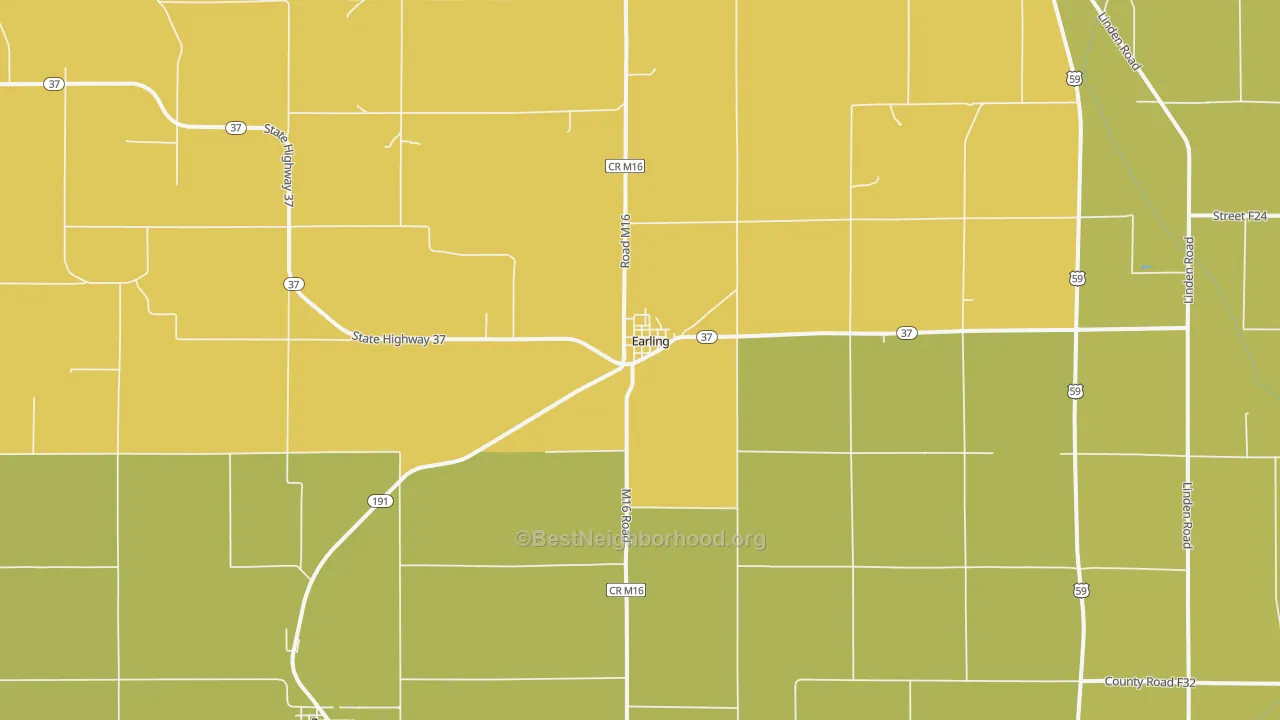 Map of the best neighborhoods in the 51530 area, with better matches in green and worse matches in red