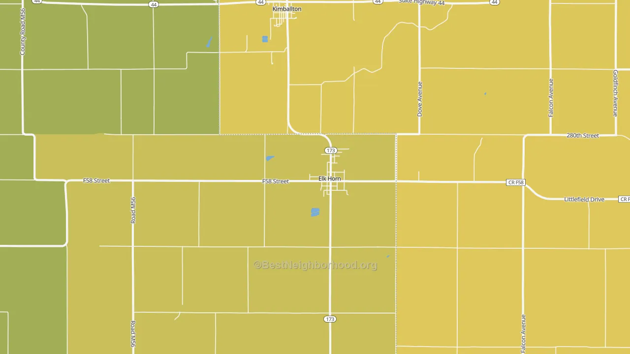 Map of the best neighborhoods in the 51531 area, with better matches in green and worse matches in red