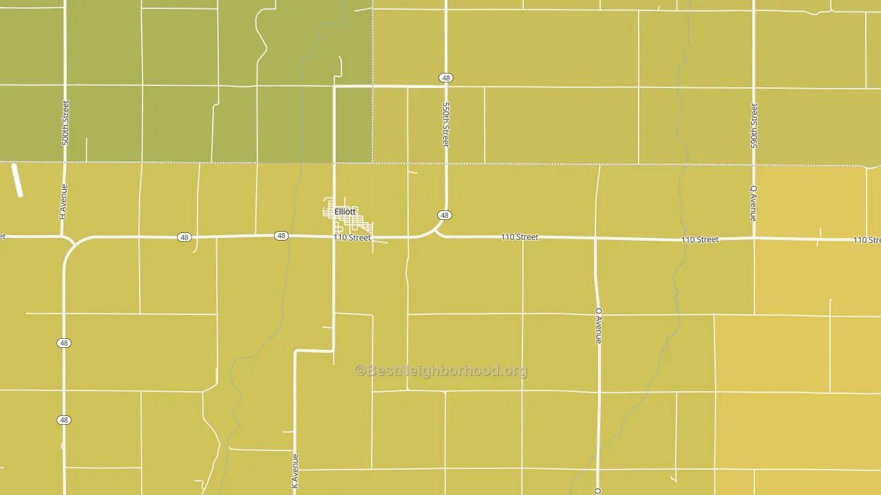 Map of the best neighborhoods in the 51532 area, with better matches in green and worse matches in red