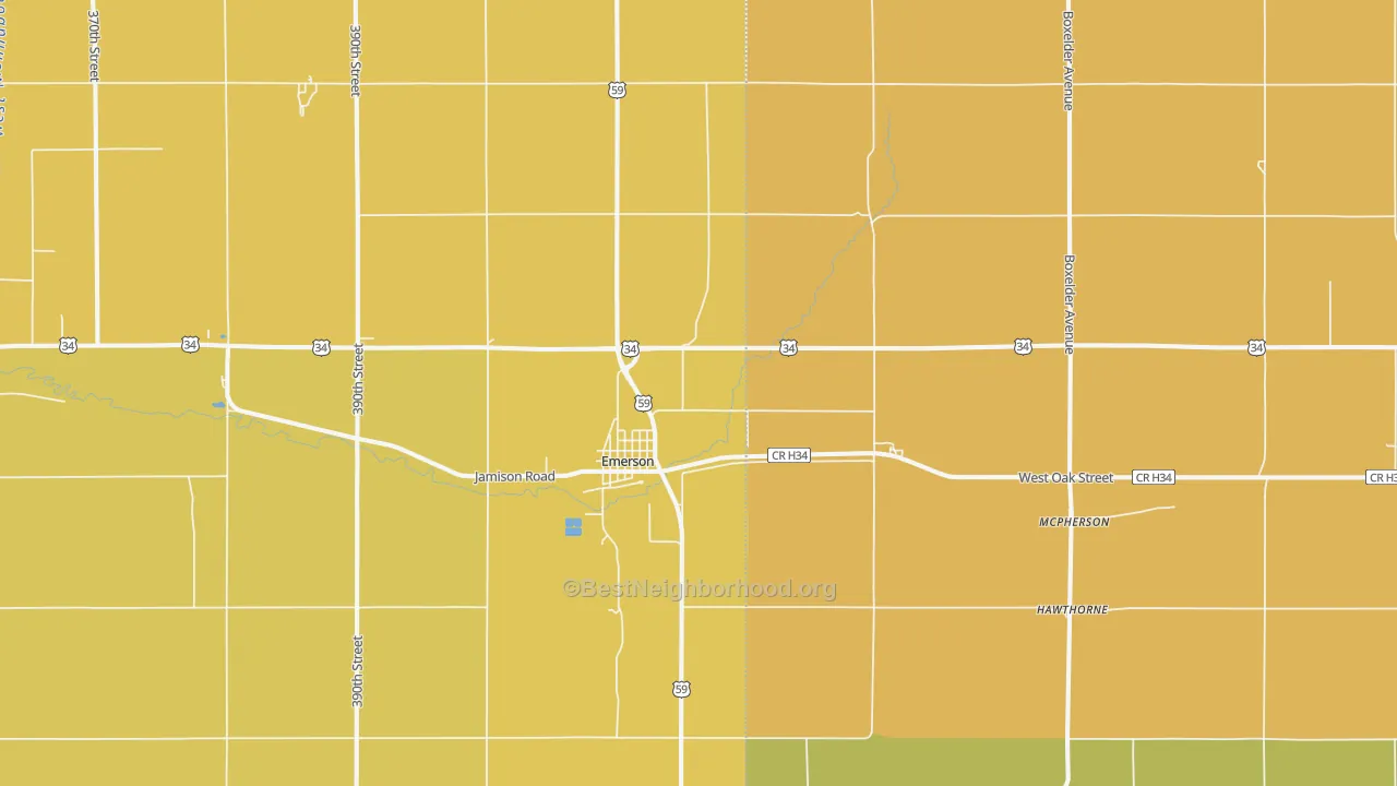 Map of the best neighborhoods in the 51533 area, with better matches in green and worse matches in red