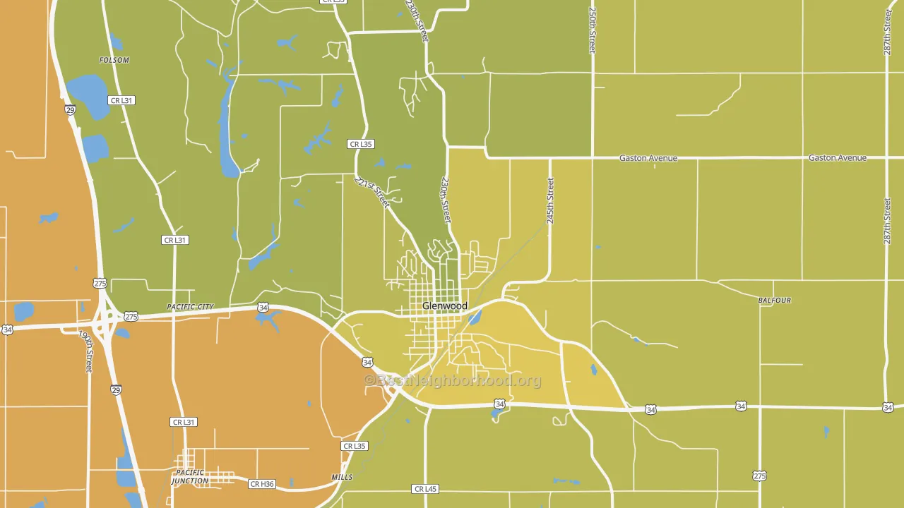 Map of the best neighborhoods in the 51534 area, with better matches in green and worse matches in red