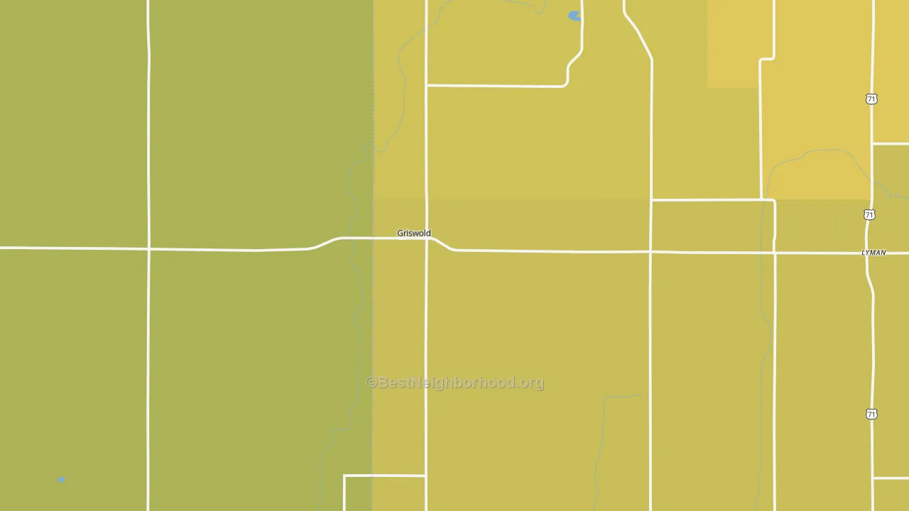Map of the best neighborhoods in the 51535 area, with better matches in green and worse matches in red