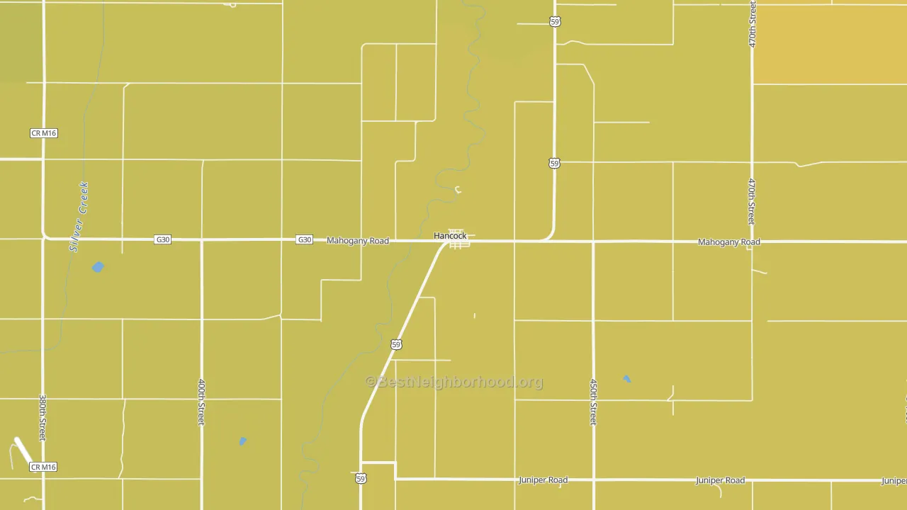 Map of the best neighborhoods in the 51536 area, with better matches in green and worse matches in red
