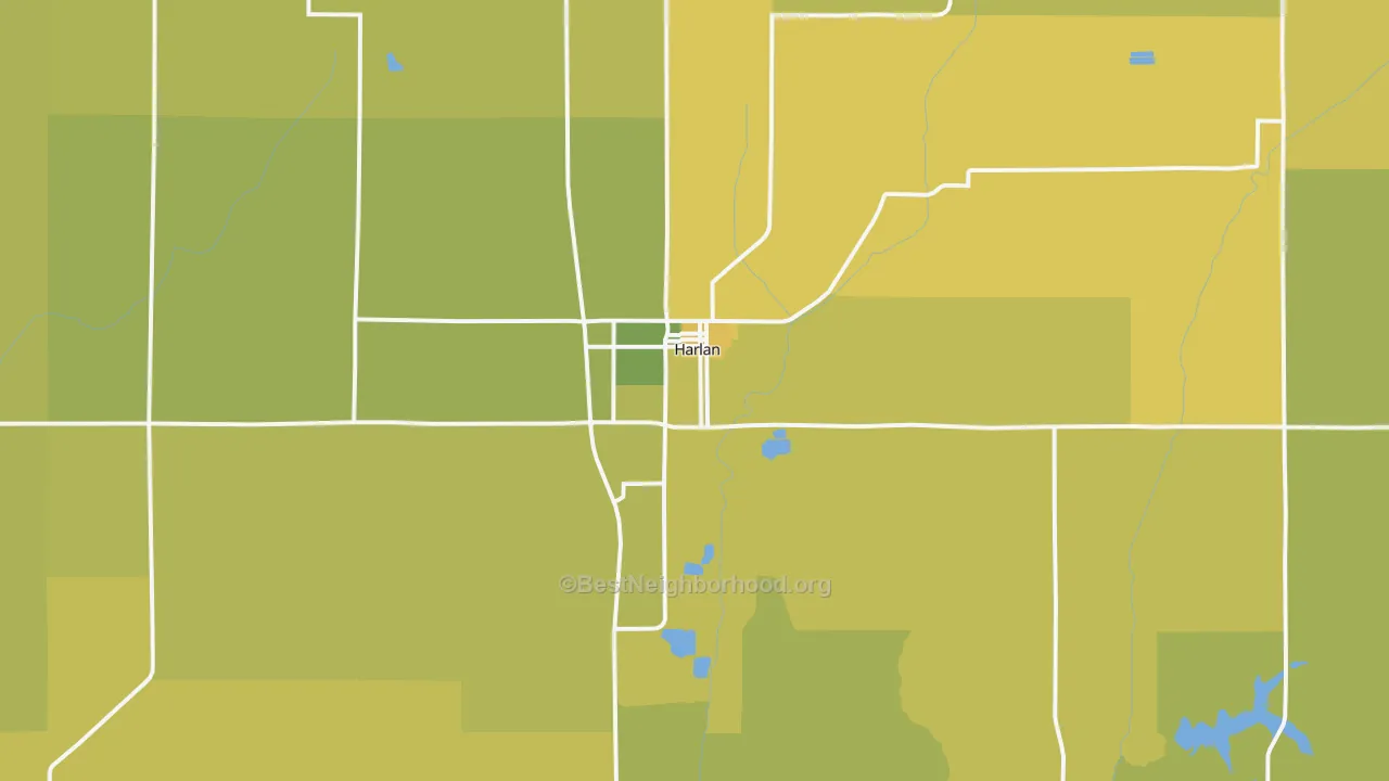 Map of the best neighborhoods in the 51537 area, with better matches in green and worse matches in red