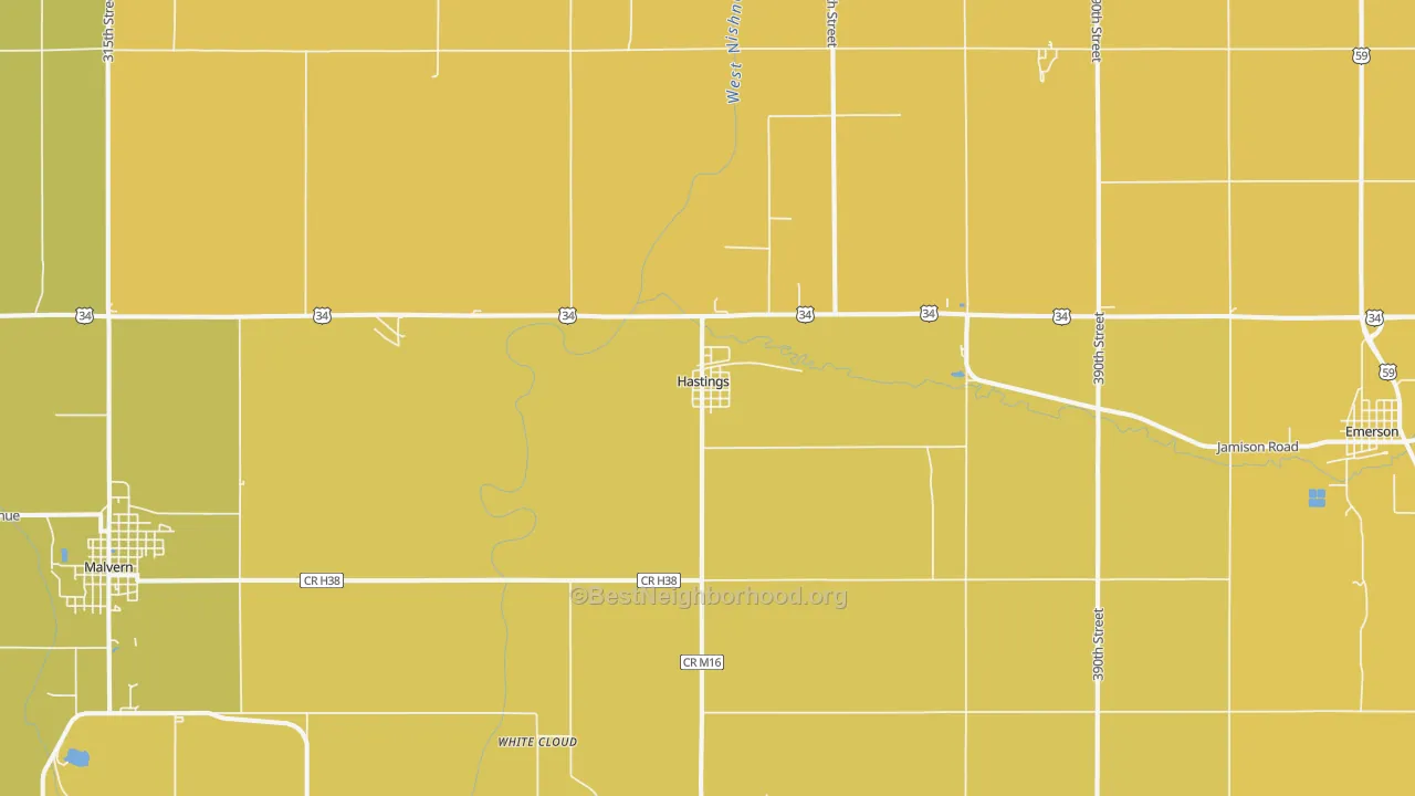 Map of the best neighborhoods in the 51540 area, with better matches in green and worse matches in red