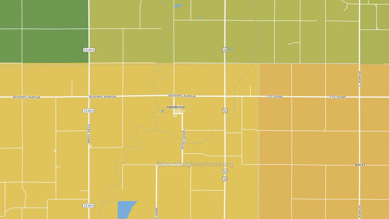 Map of the best neighborhoods in the 51541 area, with better matches in green and worse matches in red