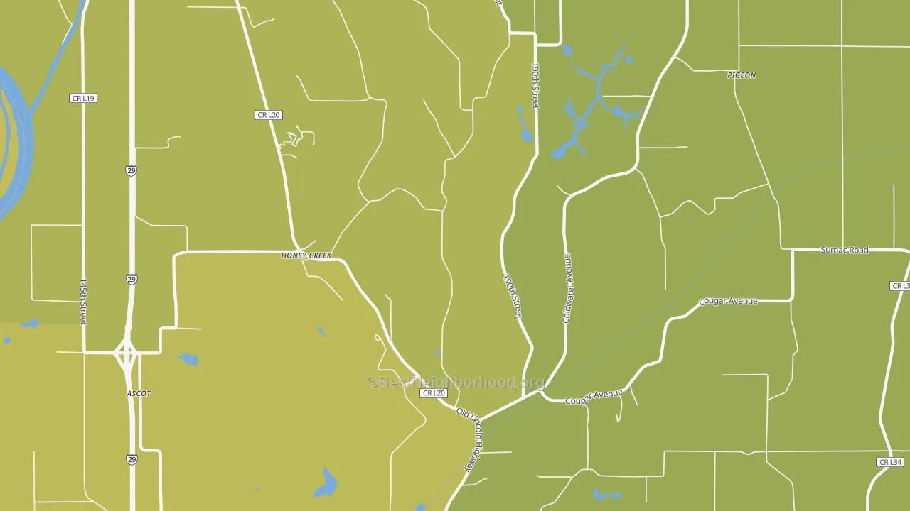 Map of the best neighborhoods in the 51542 area, with better matches in green and worse matches in red
