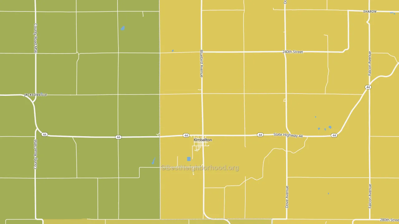 Map of the best neighborhoods in the 51543 area, with better matches in green and worse matches in red