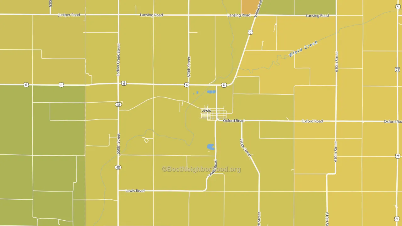 Map of the best neighborhoods in the 51544 area, with better matches in green and worse matches in red