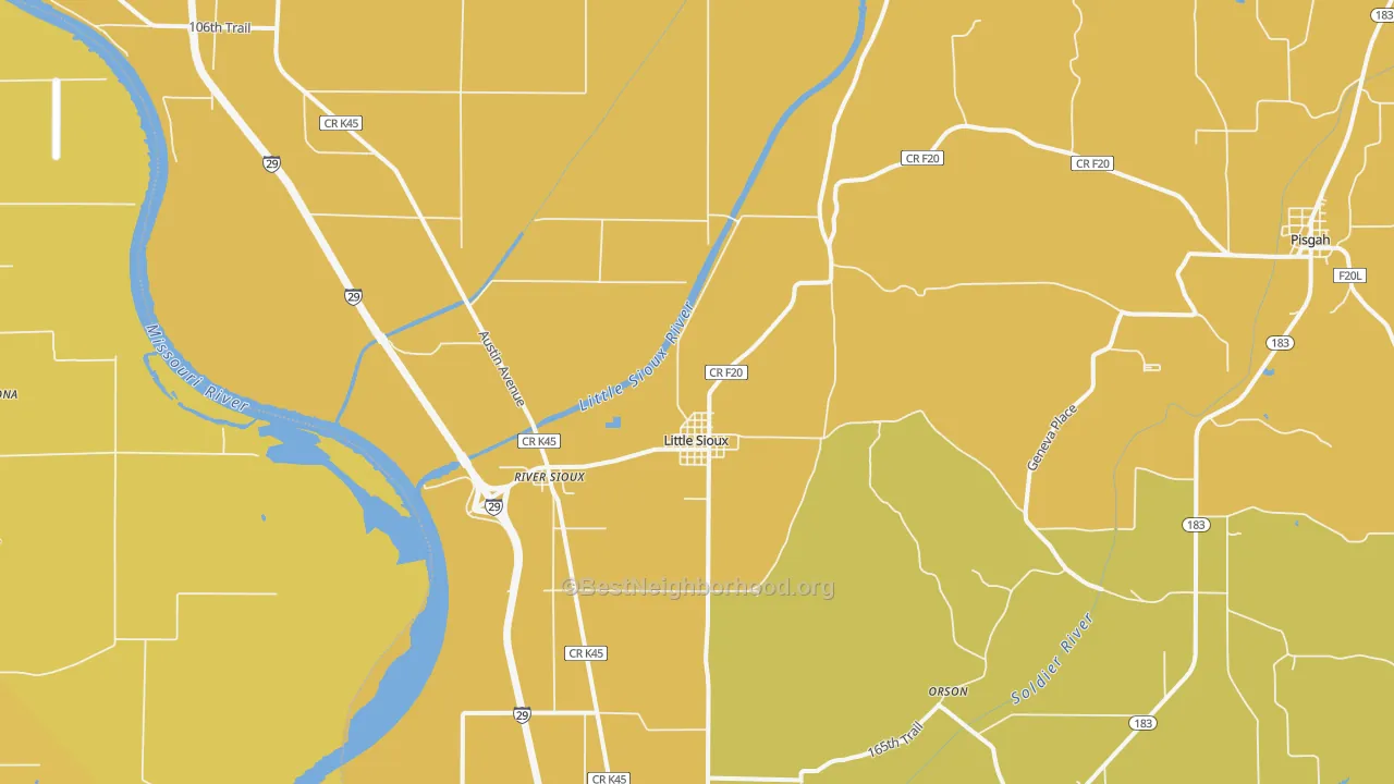 Map of the best neighborhoods in the 51545 area, with better matches in green and worse matches in red