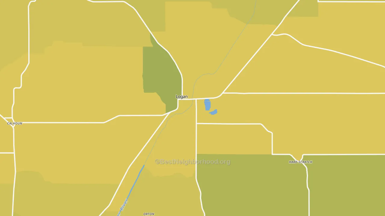 Map of the best neighborhoods in the 51546 area, with better matches in green and worse matches in red