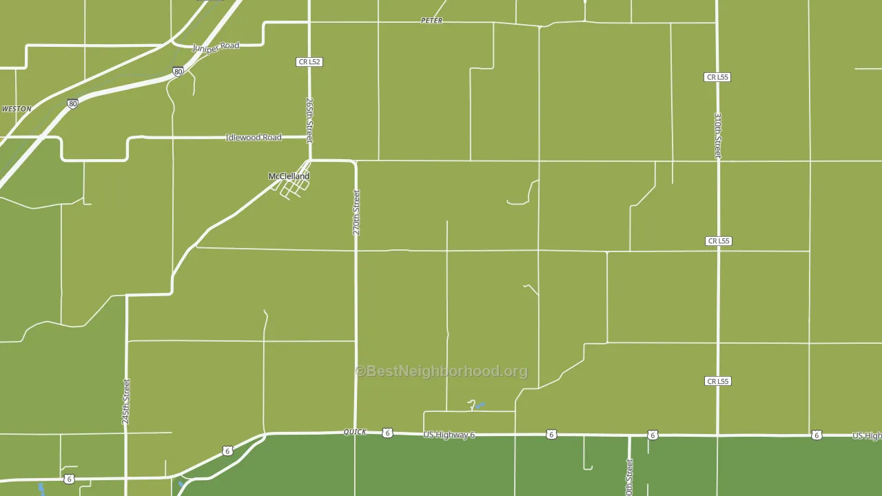 Map of the best neighborhoods in the 51548 area, with better matches in green and worse matches in red