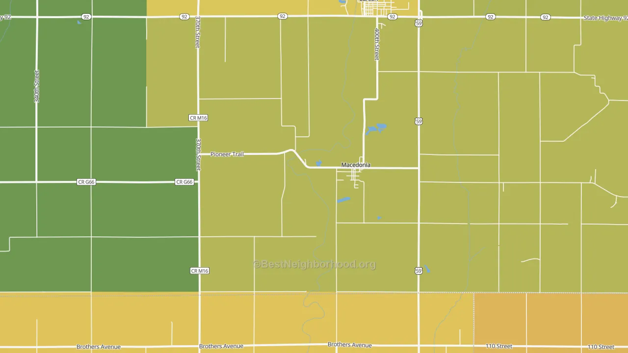 Map of the best neighborhoods in the 51549 area, with better matches in green and worse matches in red