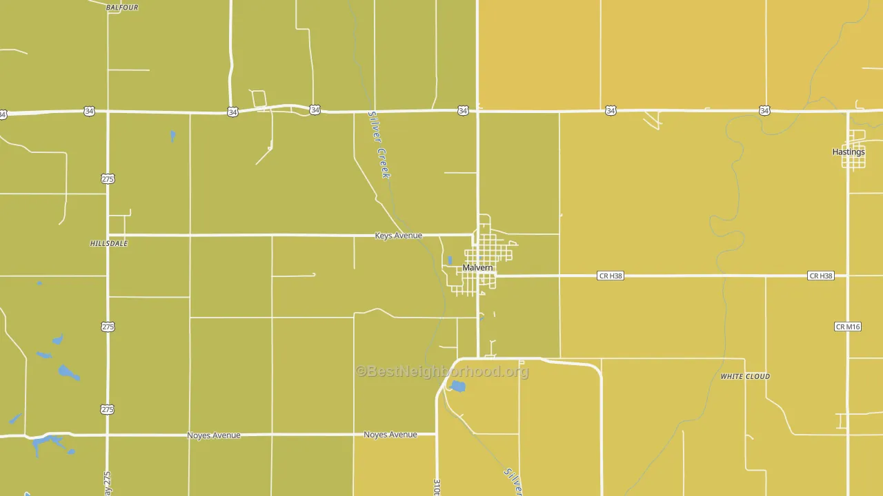 Map of the best neighborhoods in the 51551 area, with better matches in green and worse matches in red