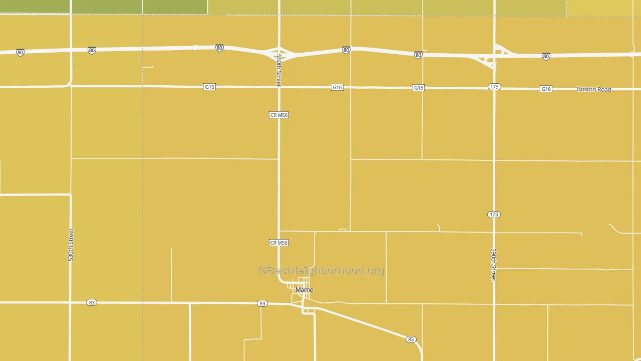 Map of the best neighborhoods in the 51552 area, with better matches in green and worse matches in red