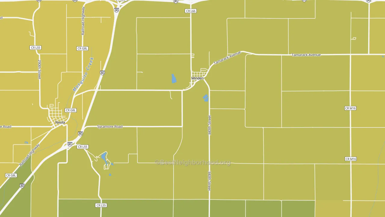 Map of the best neighborhoods in the 51553 area, with better matches in green and worse matches in red