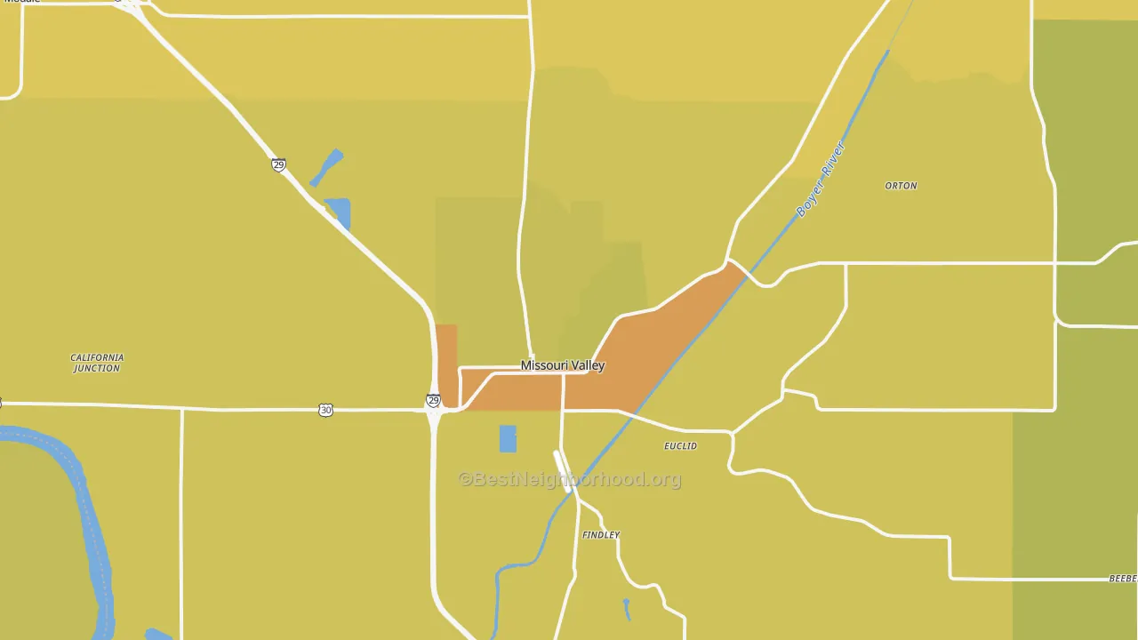 Map of the best neighborhoods in the 51555 area, with better matches in green and worse matches in red