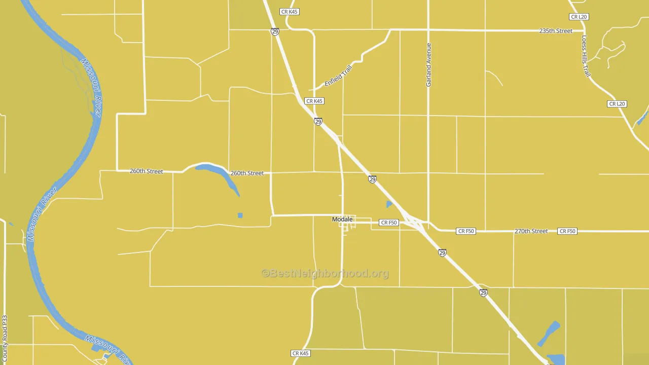 Map of the best neighborhoods in the 51556 area, with better matches in green and worse matches in red