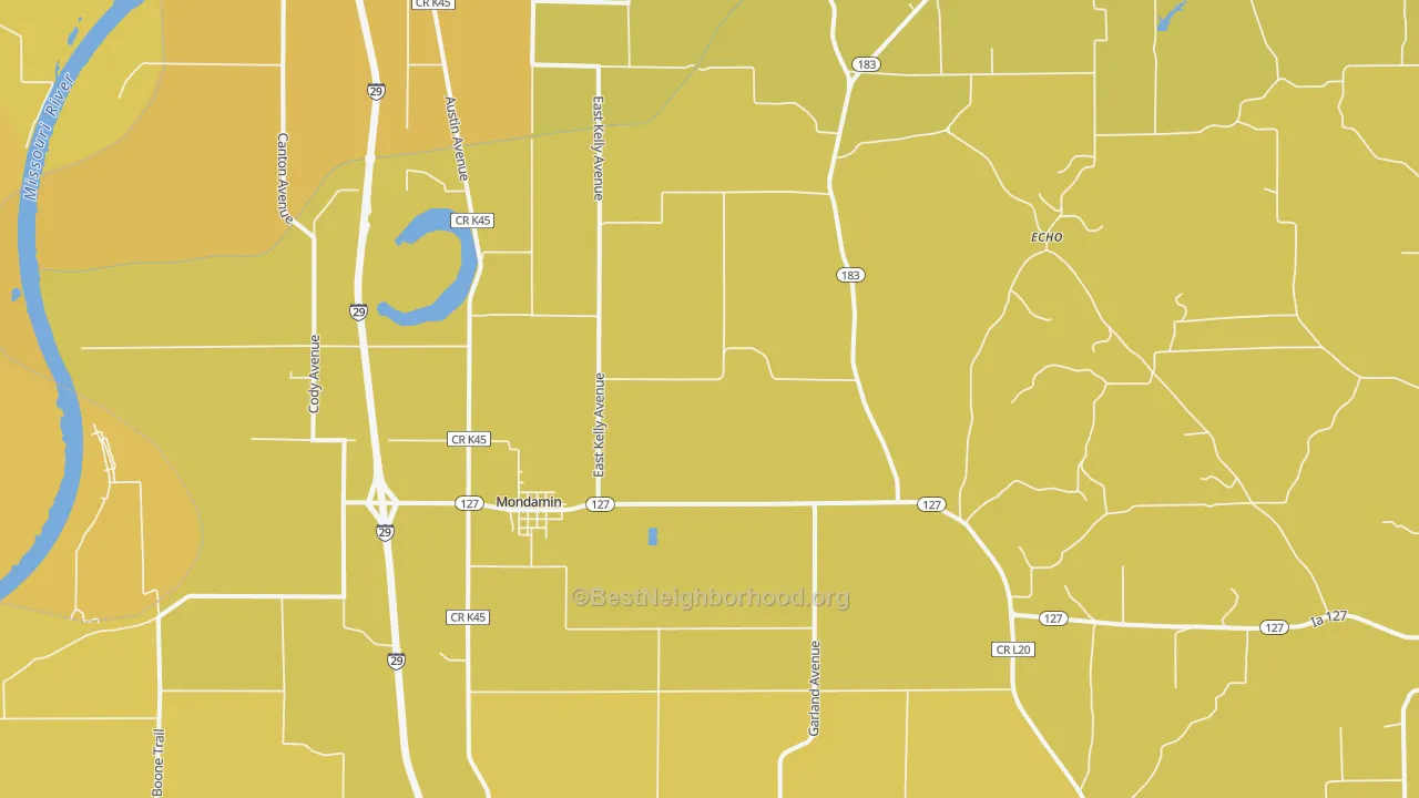 Map of the best neighborhoods in the 51557 area, with better matches in green and worse matches in red