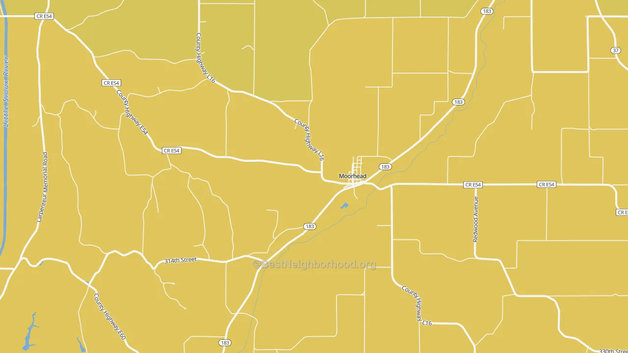 Map of the best neighborhoods in the 51558 area, with better matches in green and worse matches in red