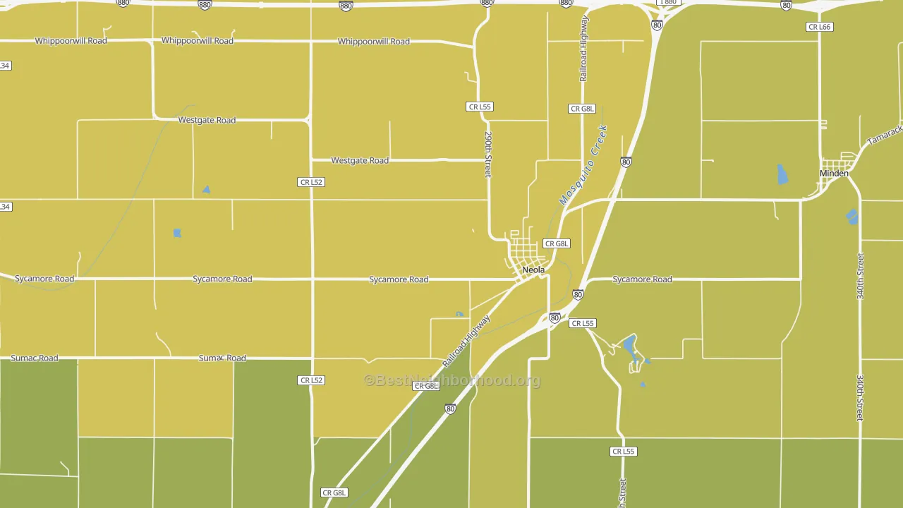 Map of the best neighborhoods in the 51559 area, with better matches in green and worse matches in red