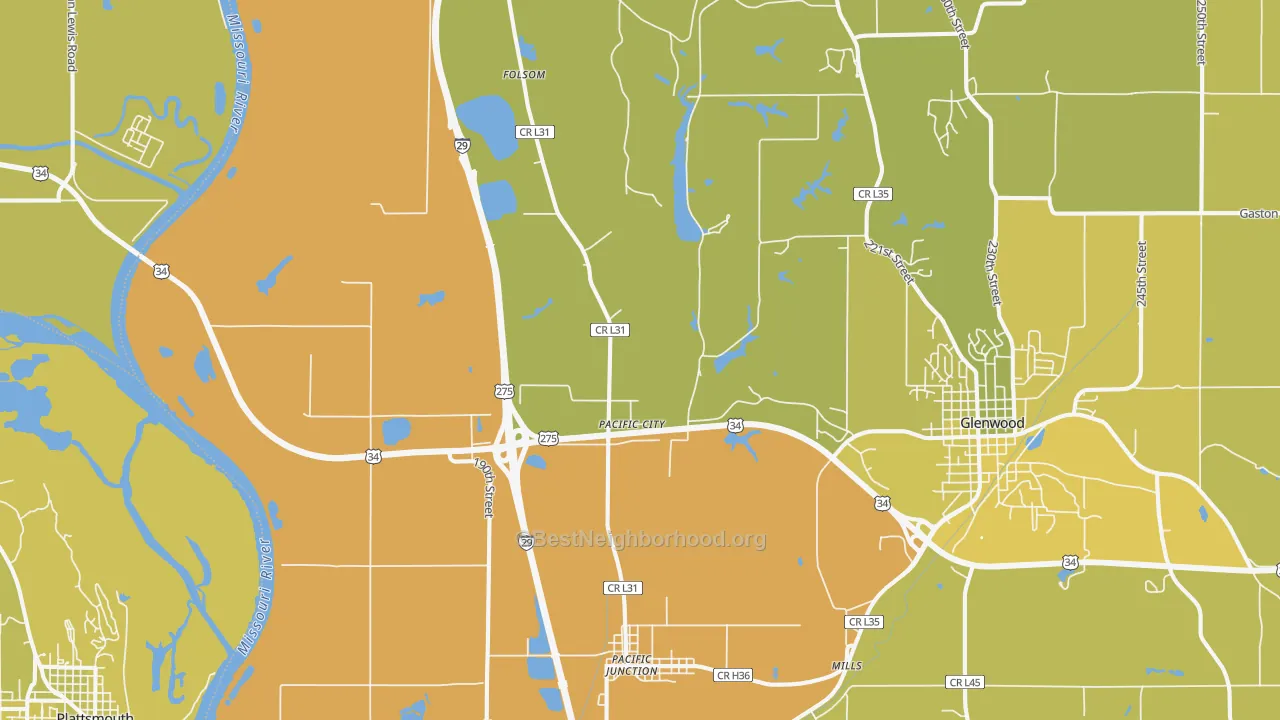 Map of the best neighborhoods in the 51561 area, with better matches in green and worse matches in red