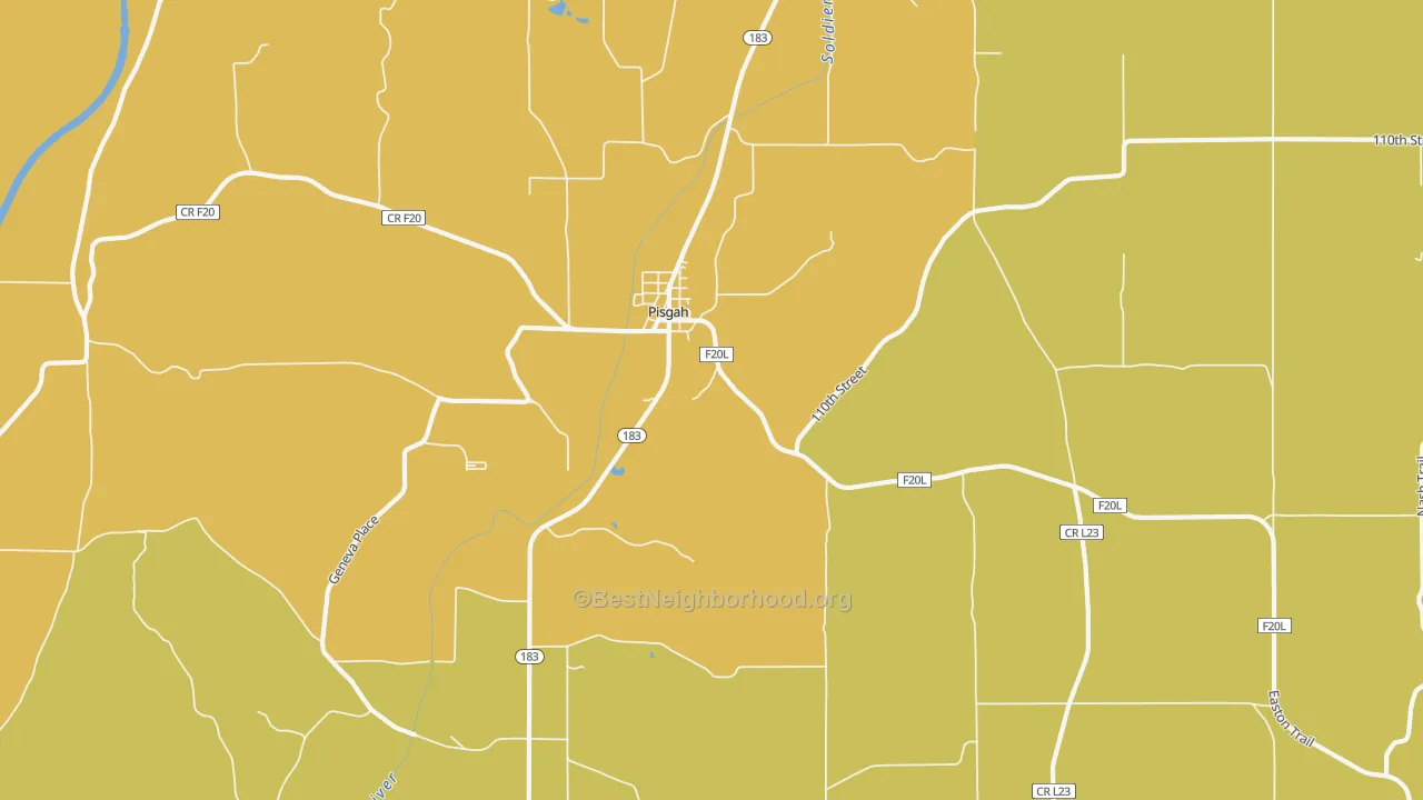 Map of the best neighborhoods in the 51564 area, with better matches in green and worse matches in red