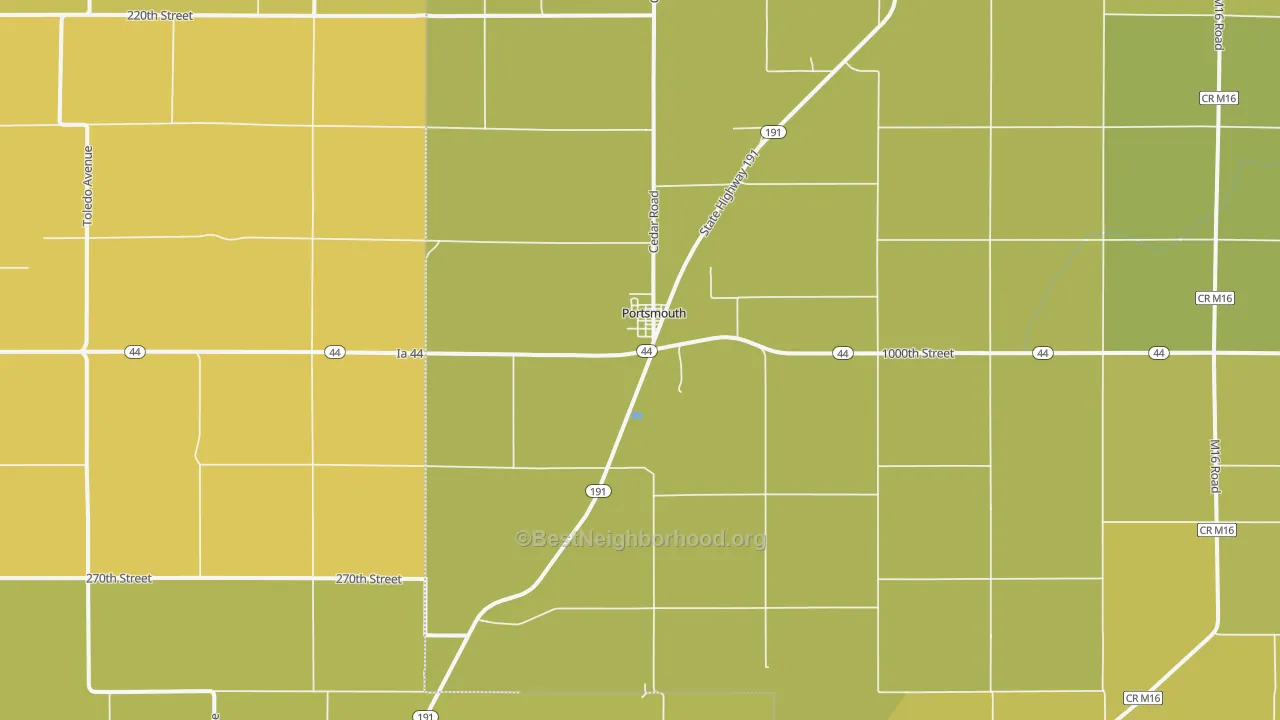 Map of the best neighborhoods in the 51565 area, with better matches in green and worse matches in red