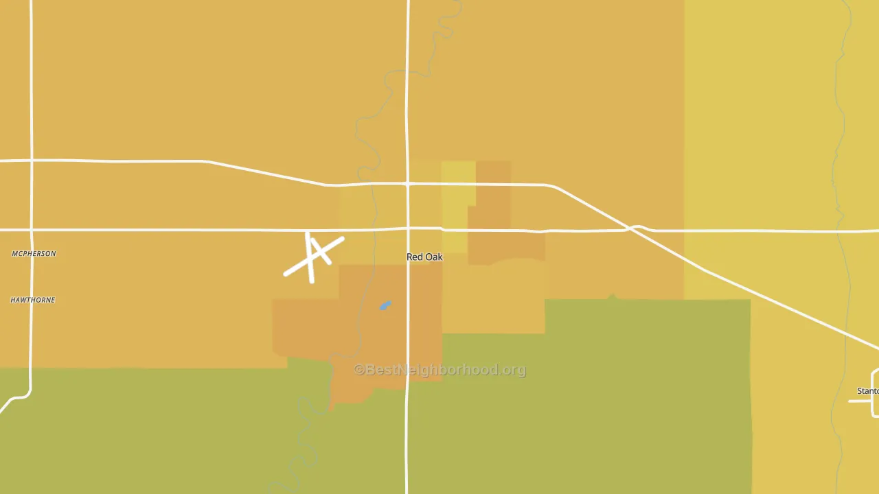 Map of the best neighborhoods in the 51566 area, with better matches in green and worse matches in red