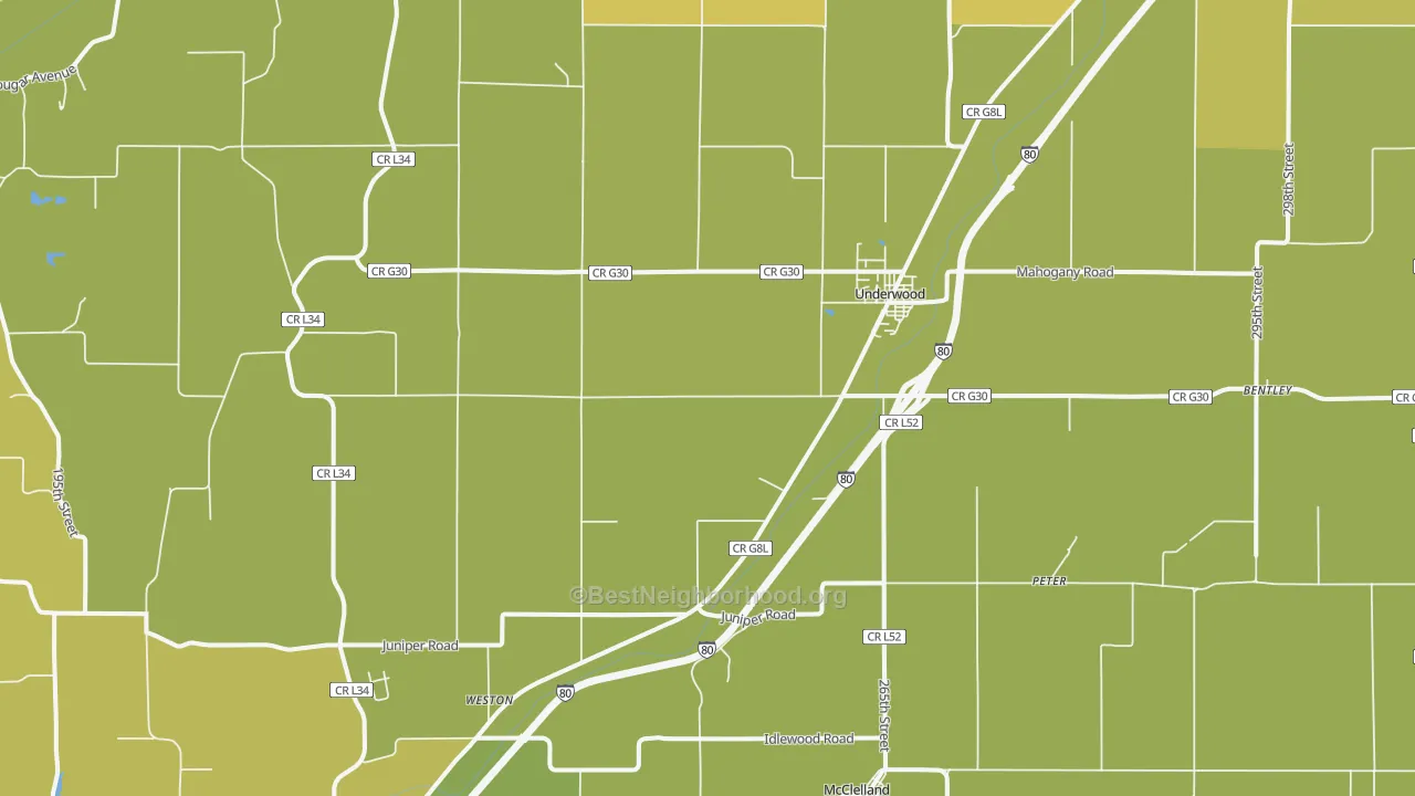 Map of the best neighborhoods in the 51576 area, with better matches in green and worse matches in red
