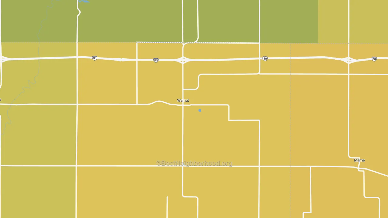 Map of the best neighborhoods in the 51577 area, with better matches in green and worse matches in red