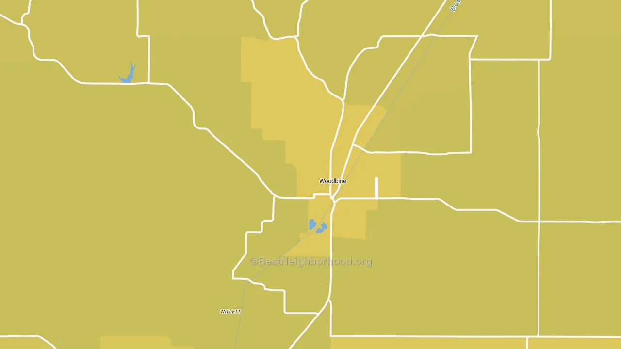 Map of the best neighborhoods in the 51579 area, with better matches in green and worse matches in red