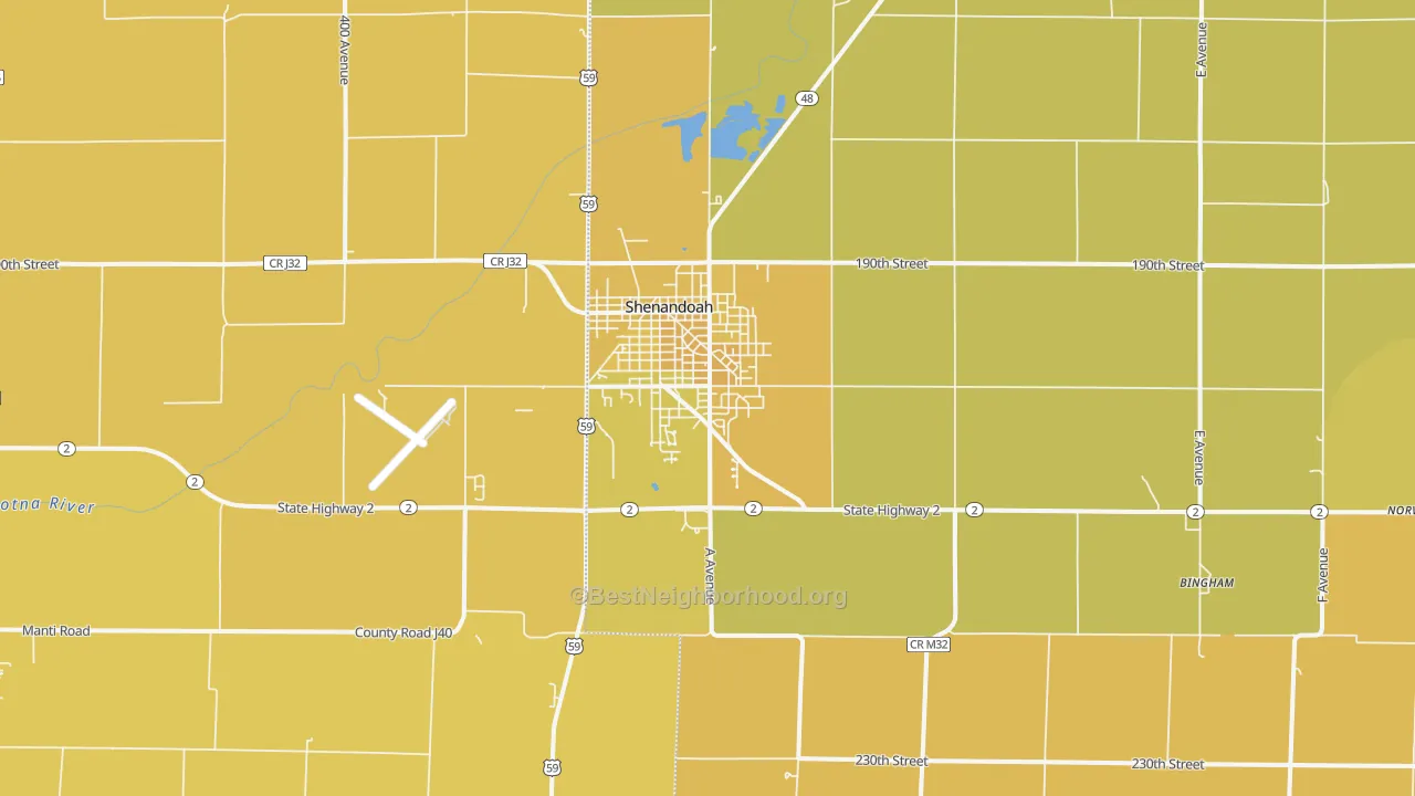 Map of the best neighborhoods in the 51601 area, with better matches in green and worse matches in red