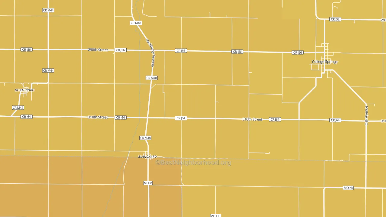 Map of the best neighborhoods in the 51630 area, with better matches in green and worse matches in red