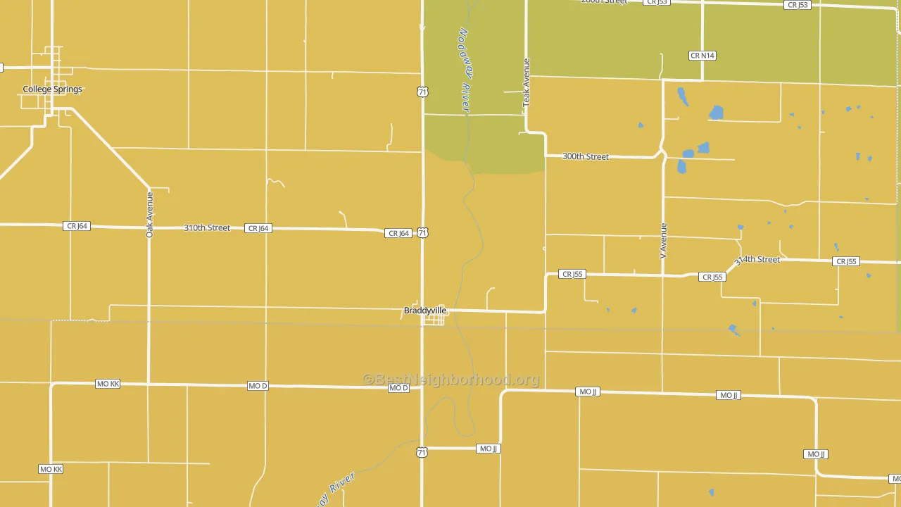 Map of the best neighborhoods in the 51631 area, with better matches in green and worse matches in red