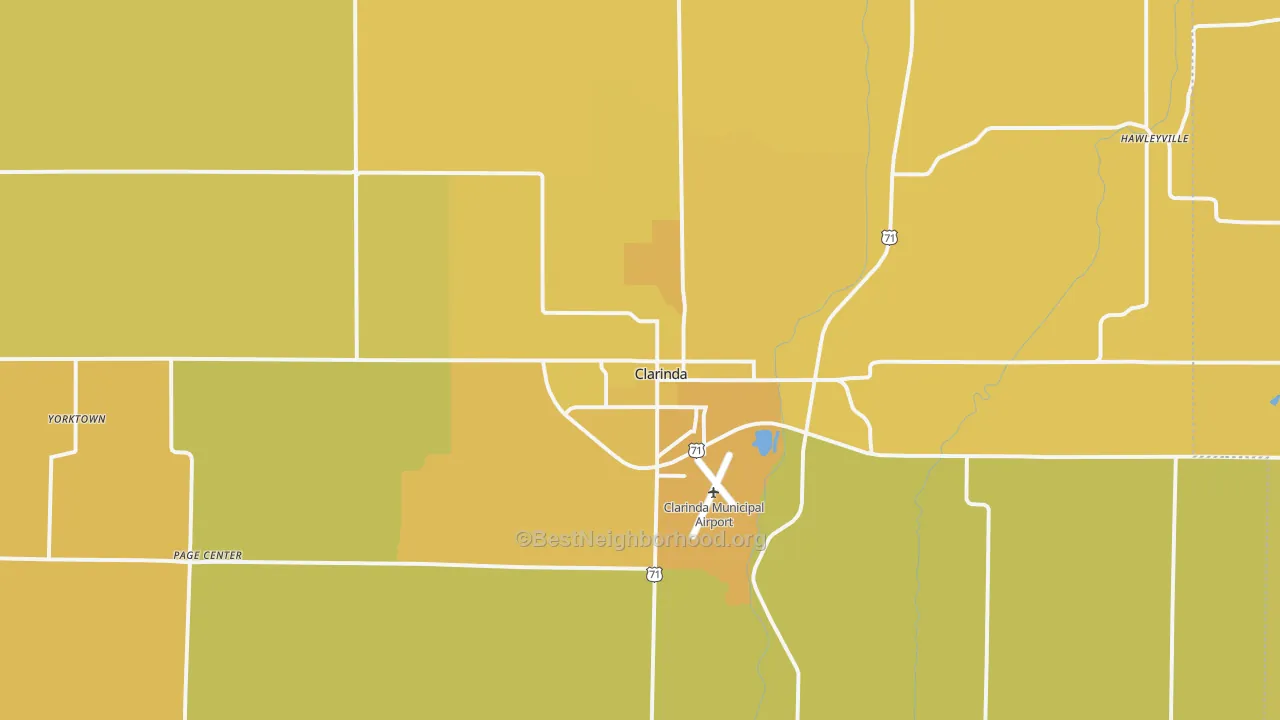 Map of the best neighborhoods in the 51632 area, with better matches in green and worse matches in red
