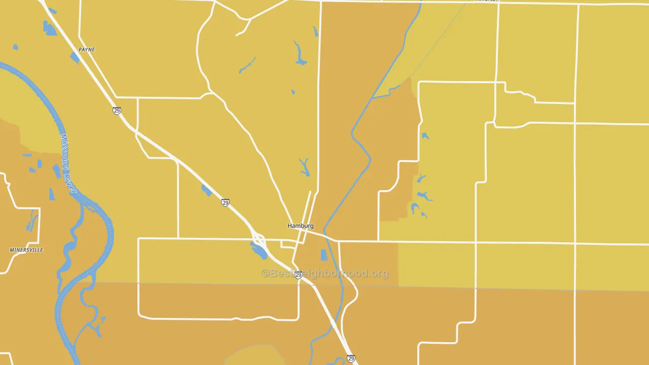 Map of the best neighborhoods in the 51640 area, with better matches in green and worse matches in red