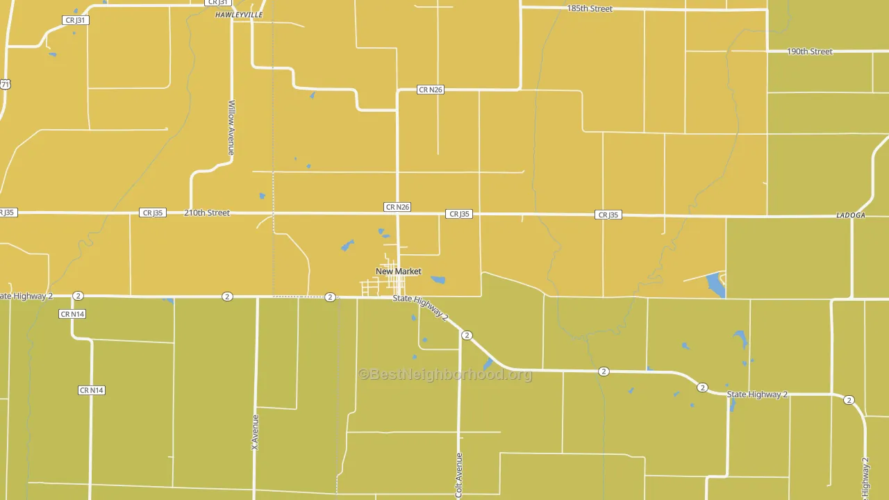 Map of the best neighborhoods in the 51646 area, with better matches in green and worse matches in red