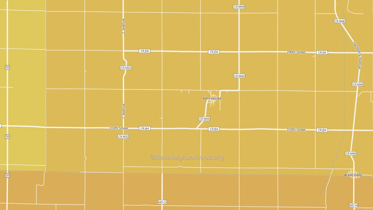 Map of the best neighborhoods in the 51647 area, with better matches in green and worse matches in red