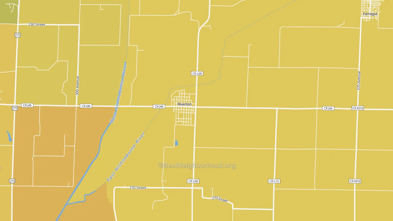 Map of the best neighborhoods in the 51650 area, with better matches in green and worse matches in red