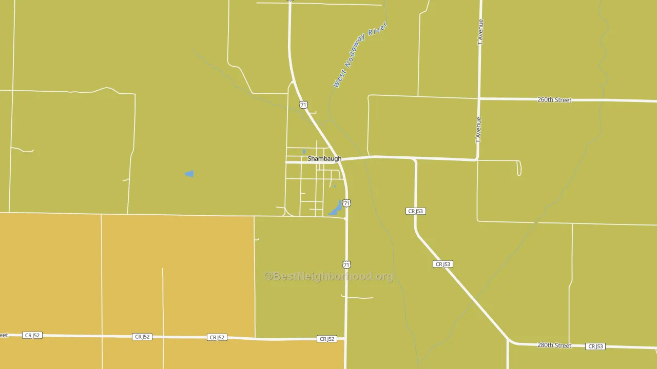Map of the best neighborhoods in the 51651 area, with better matches in green and worse matches in red