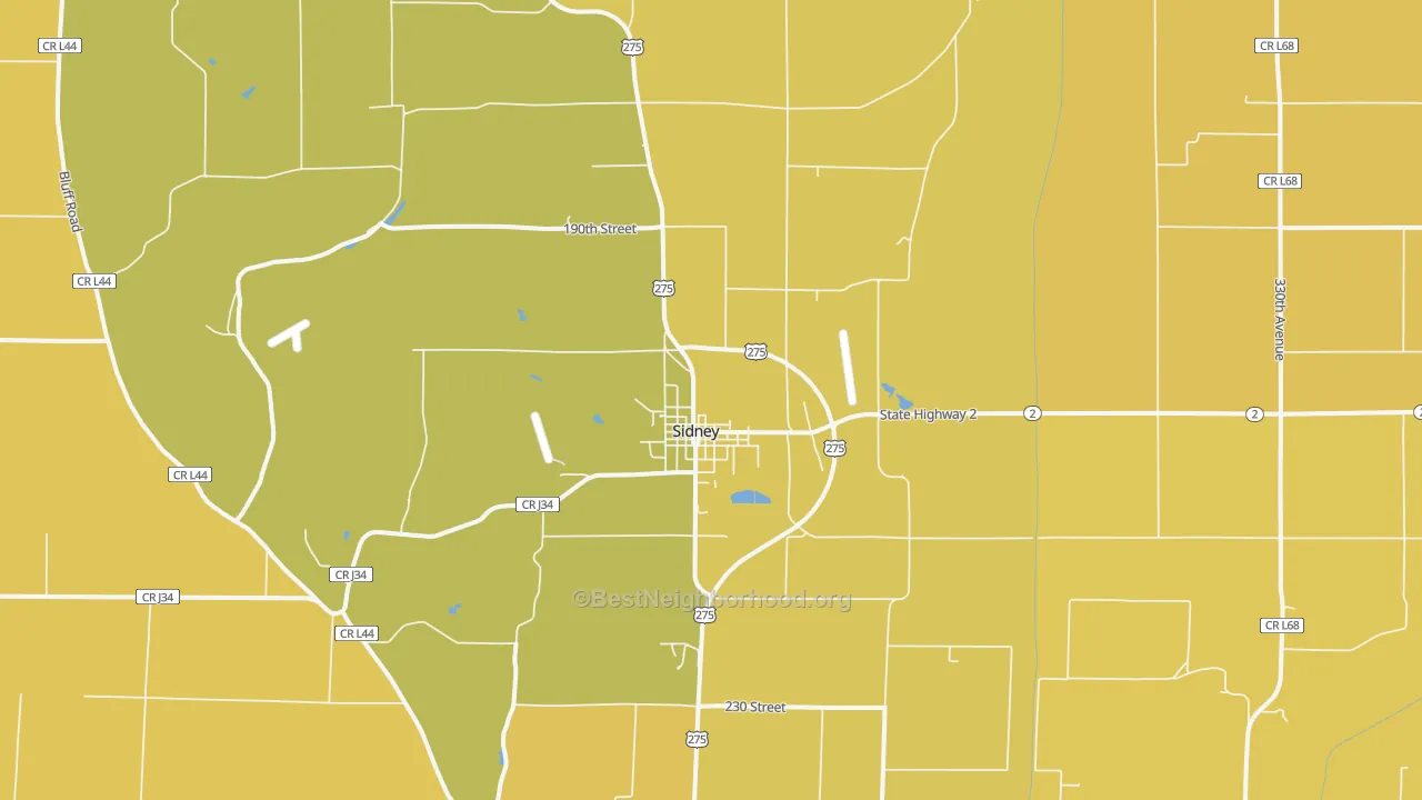 Map of the best neighborhoods in the 51652 area, with better matches in green and worse matches in red