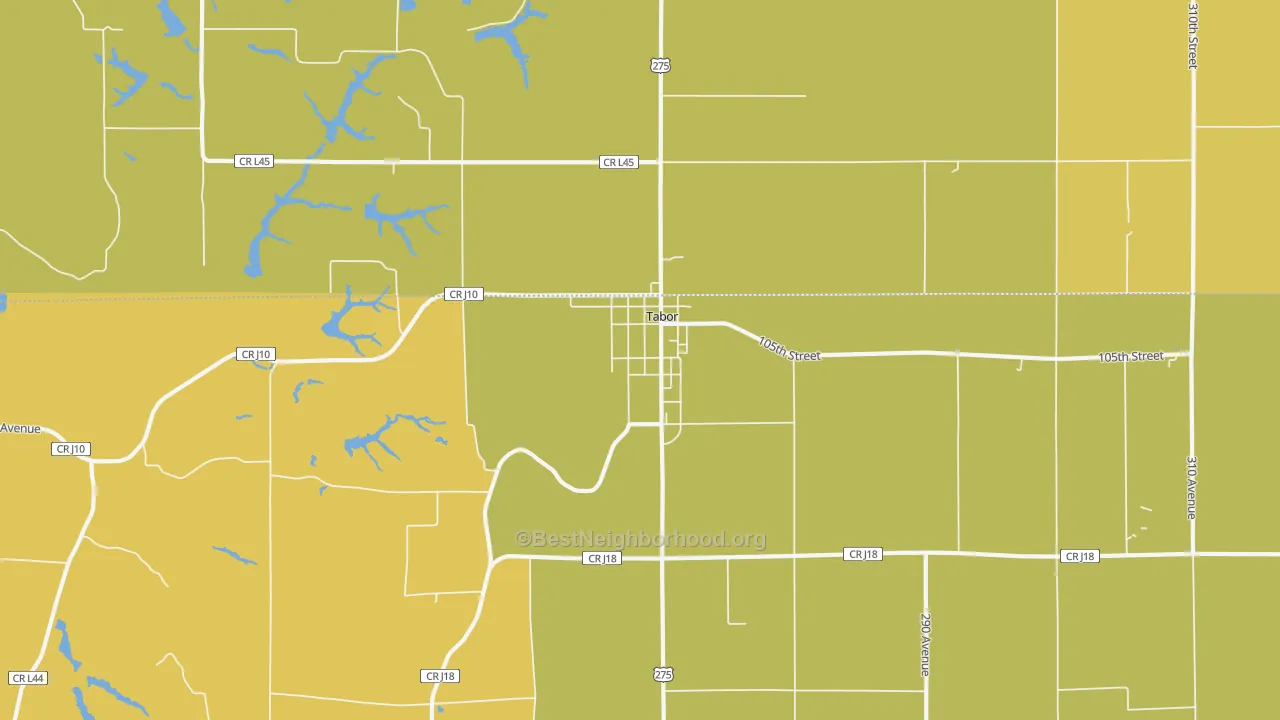 Map of the best neighborhoods in the 51653 area, with better matches in green and worse matches in red
