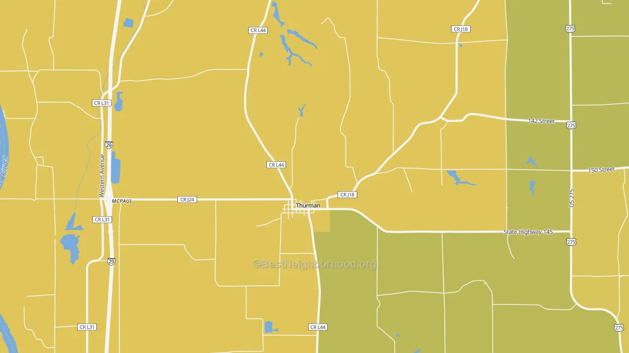 Map of the best neighborhoods in the 51654 area, with better matches in green and worse matches in red