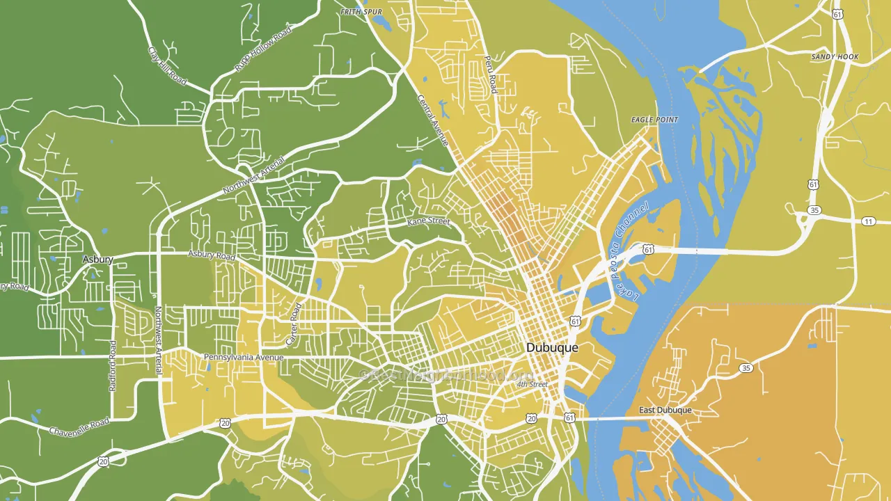 Map of the best neighborhoods in the 52001 area, with better matches in green and worse matches in red