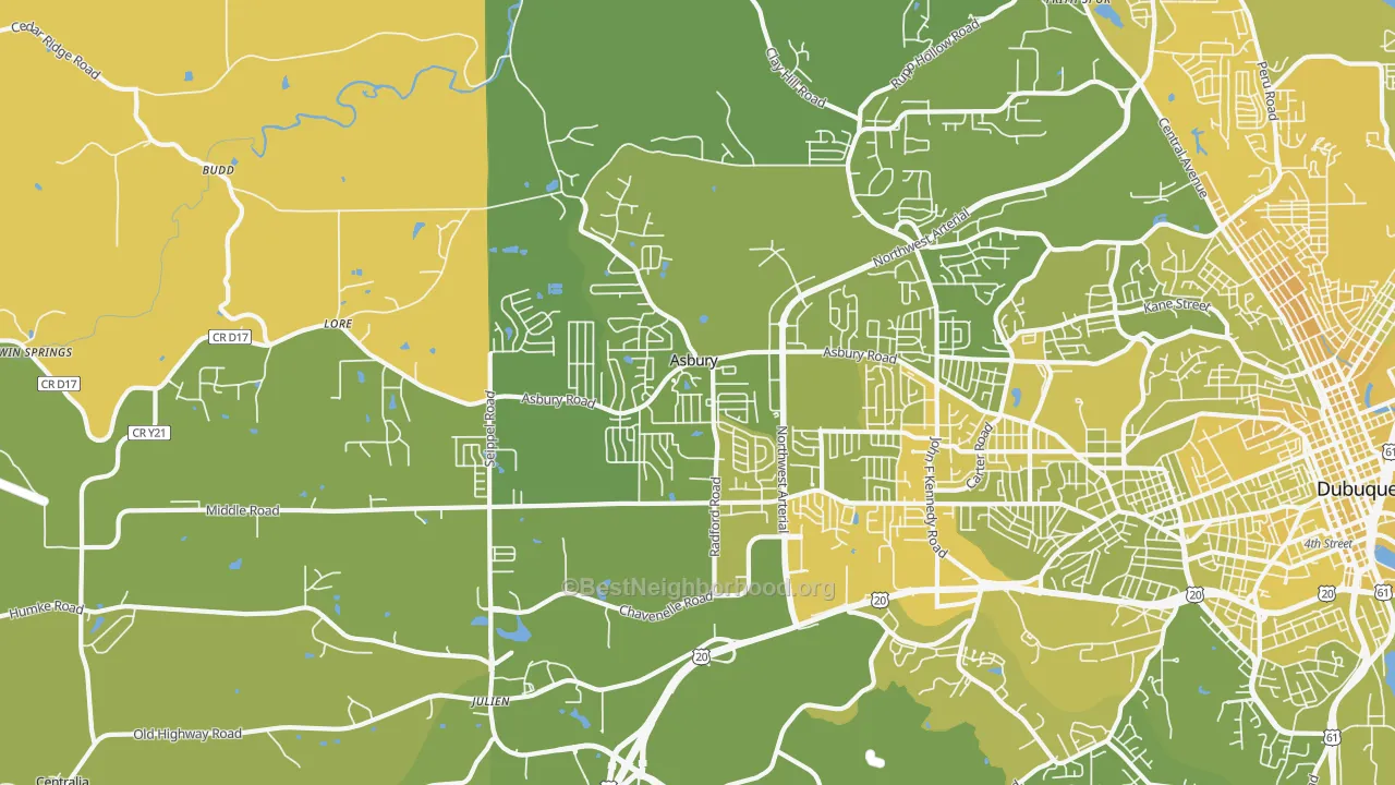 Map of the best neighborhoods in the 52002 area, with better matches in green and worse matches in red