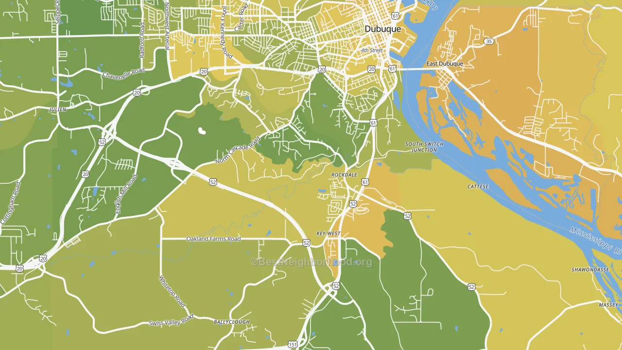 Map of the best neighborhoods in the 52003 area, with better matches in green and worse matches in red
