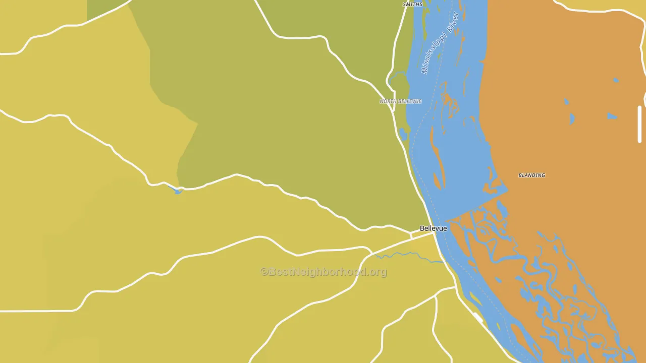 Map of the best neighborhoods in the 52031 area, with better matches in green and worse matches in red