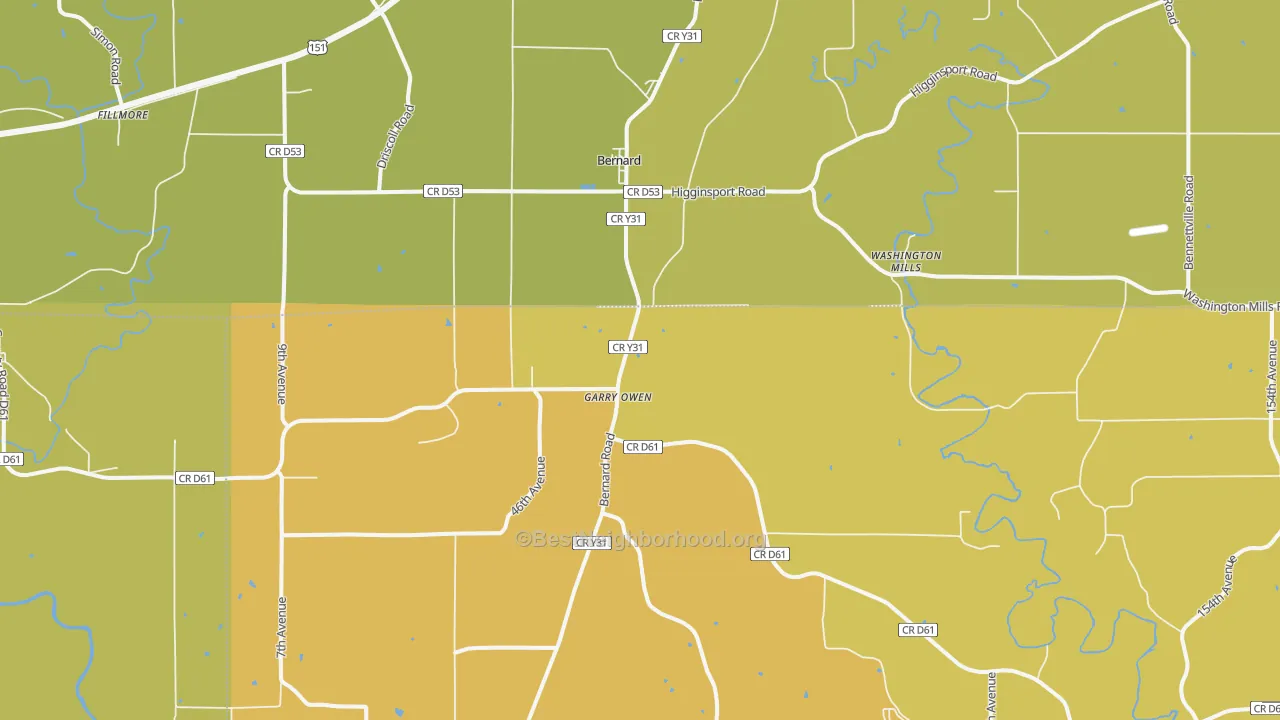 Map of the best neighborhoods in the 52032 area, with better matches in green and worse matches in red